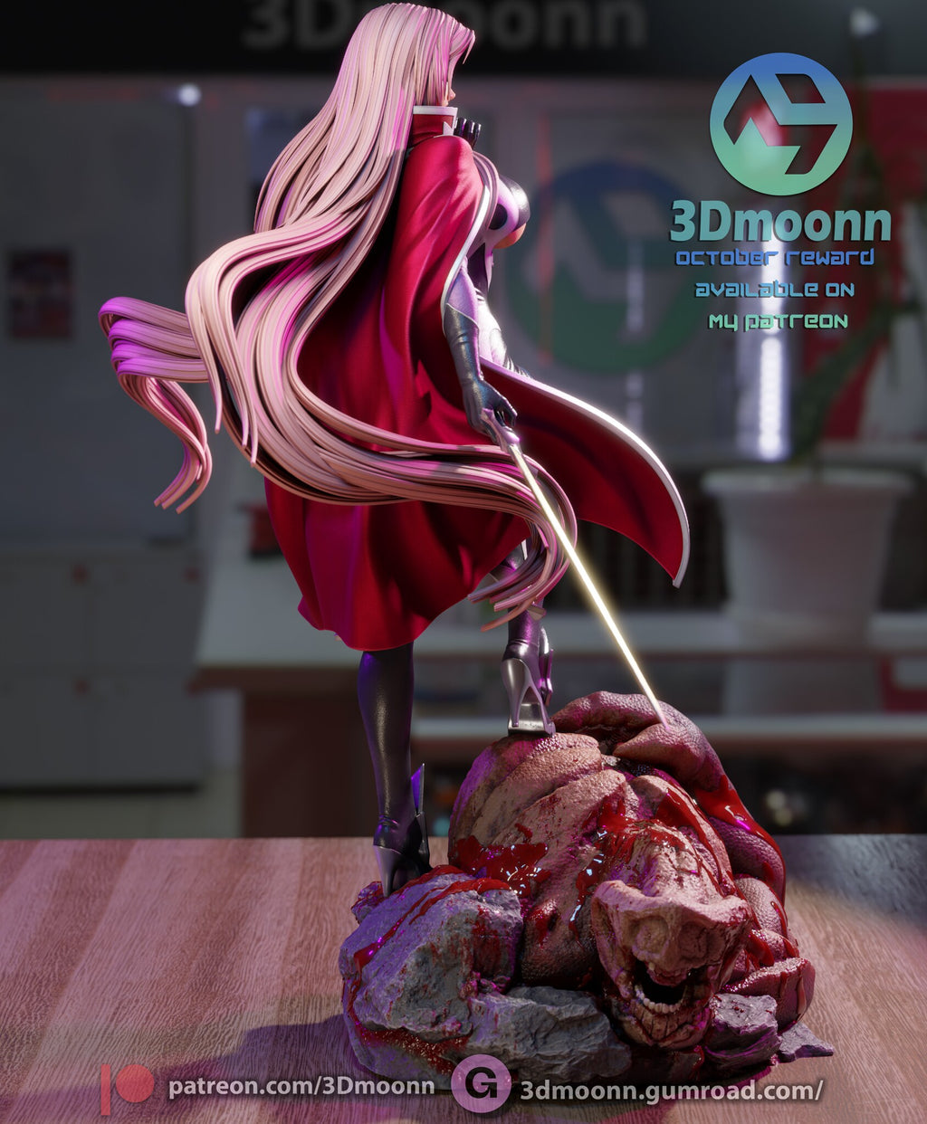 Sculptor's render (kit ships unpainted): rear three-quarter view with the long hair falling down her back and the creature's open jaw