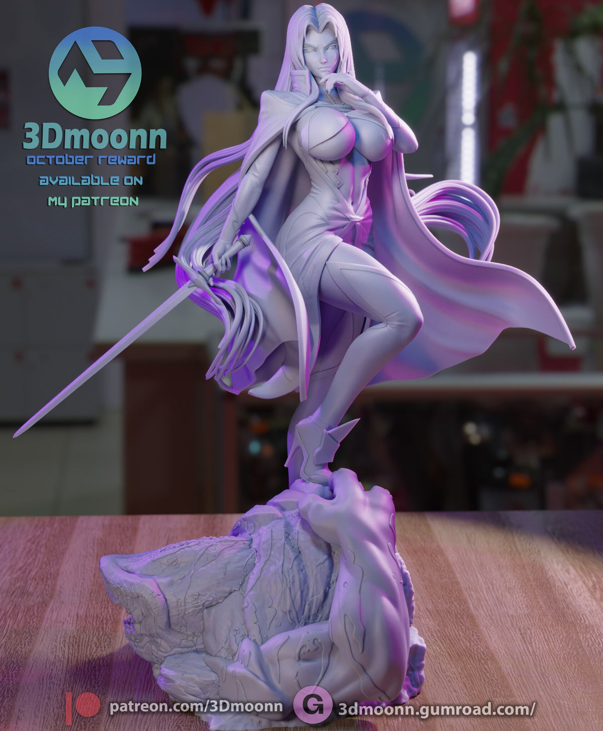 Sculptor's render (kit ships unpainted): unpainted gray view of the full sculpt and base from the front