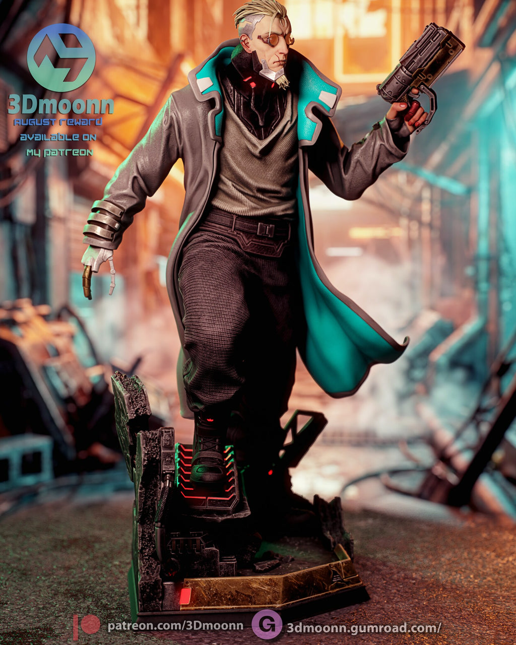 Sculptor's render of the painted design (kit ships unpainted): front view of the cyborg gunman mid-stride on the scrap metal base, pistol raised and coat lining showing