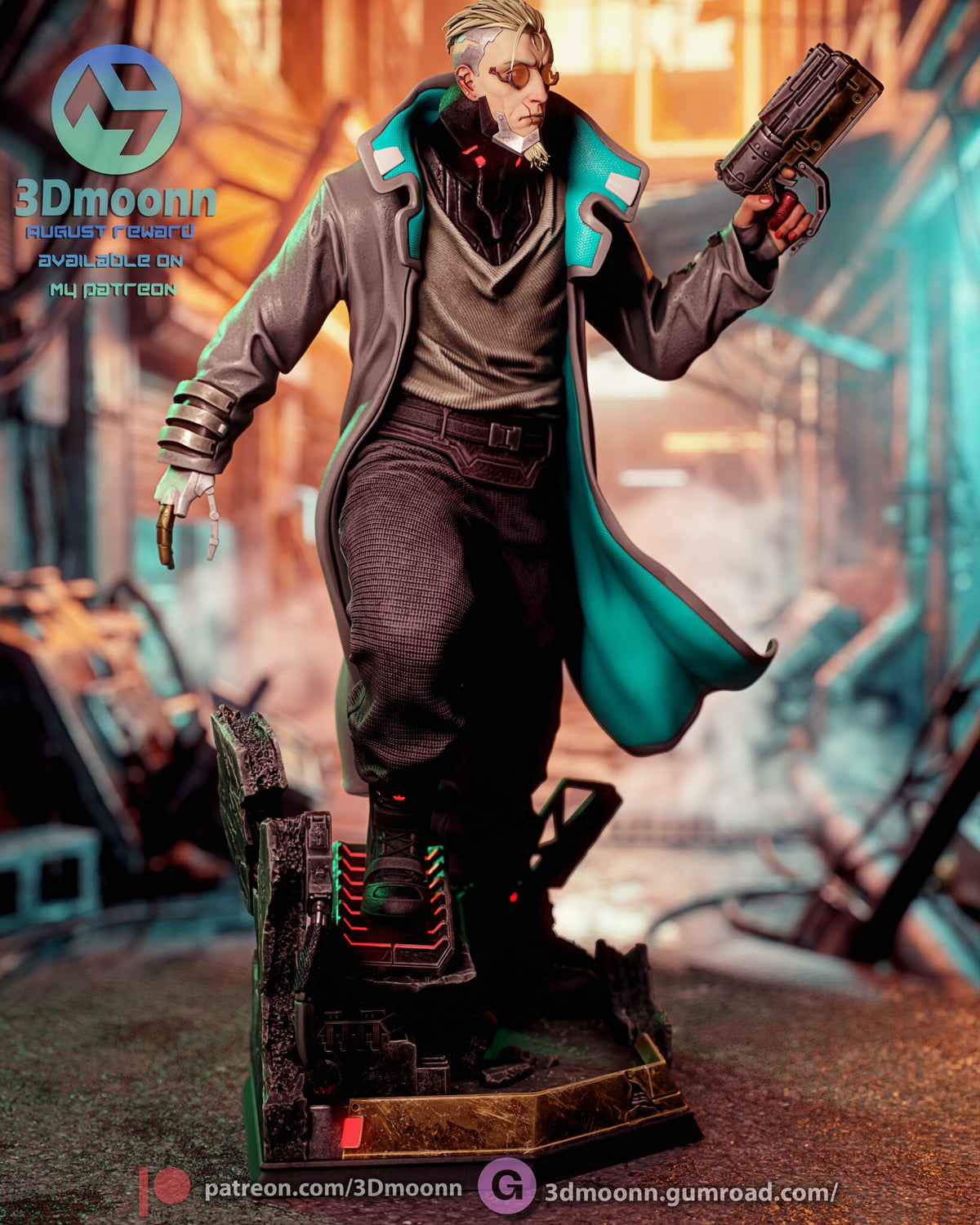 Sculptor's render of the painted design (kit ships unpainted): front view of the cyborg gunman mid-stride on the scrap metal base, pistol raised and coat lining showing