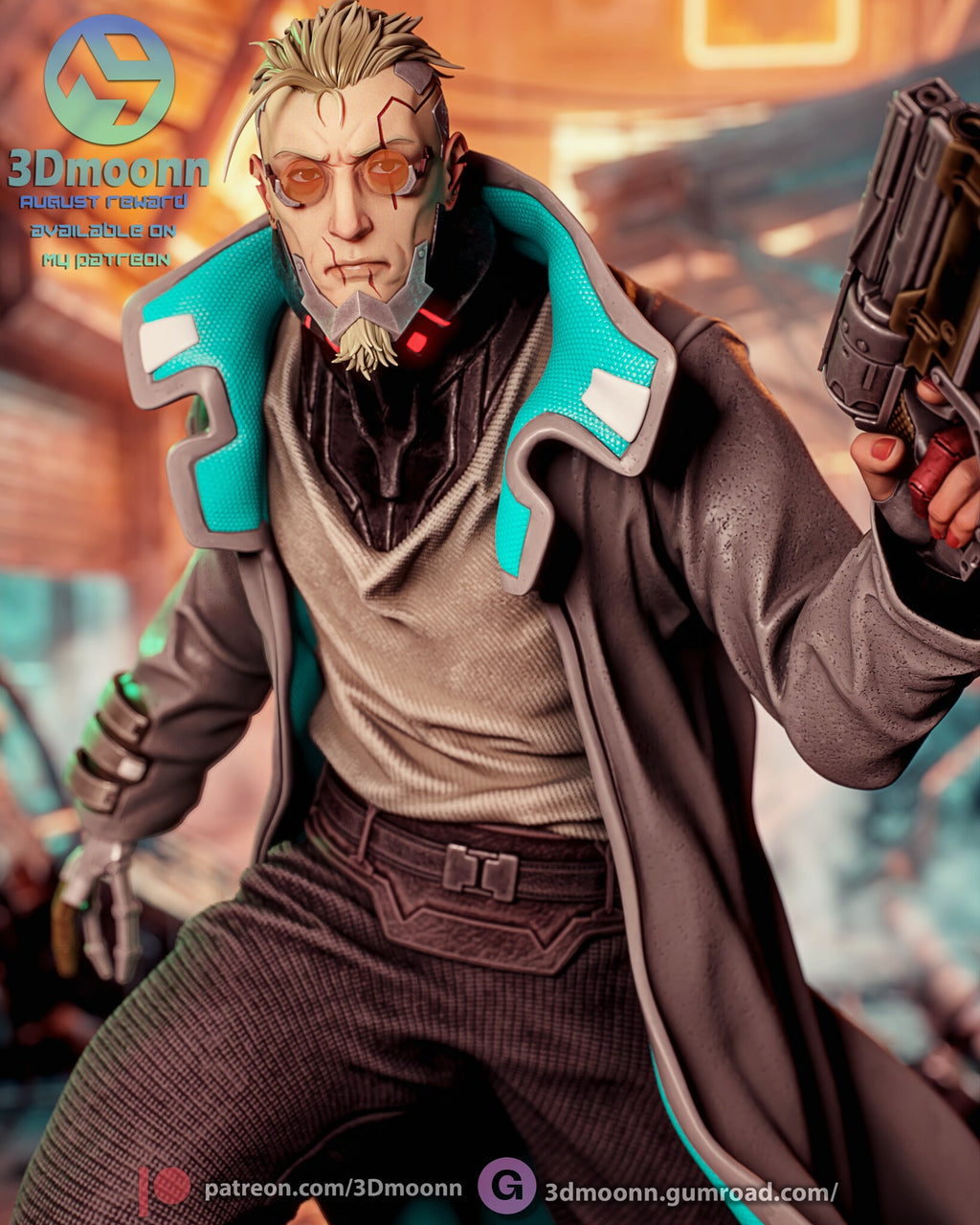 Sculptor's render (kit ships unpainted): close-up of the face with round tinted glasses and the lit cybernetic collar
