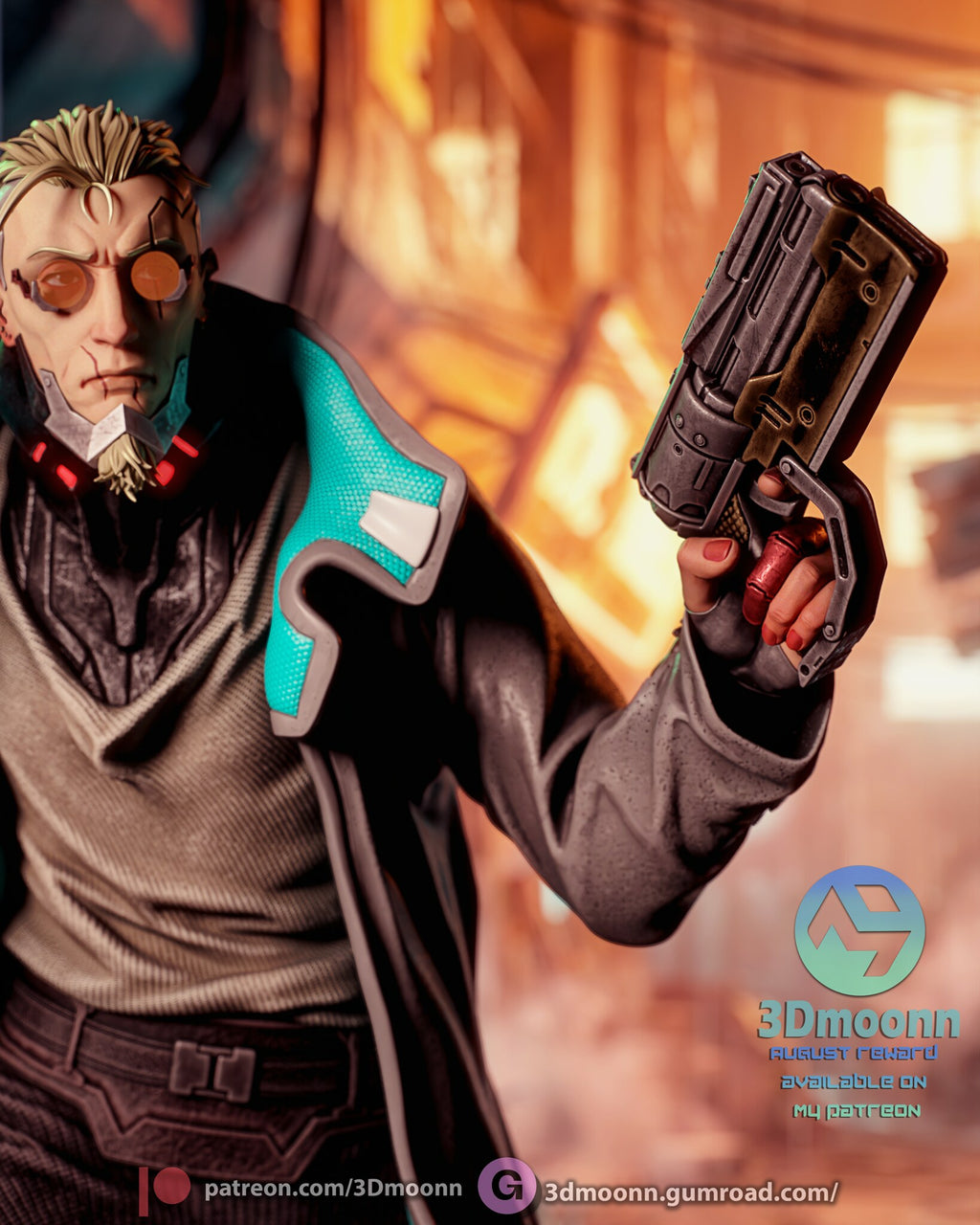 Sculptor's render (kit ships unpainted): close-up of the raised pistol beside his head