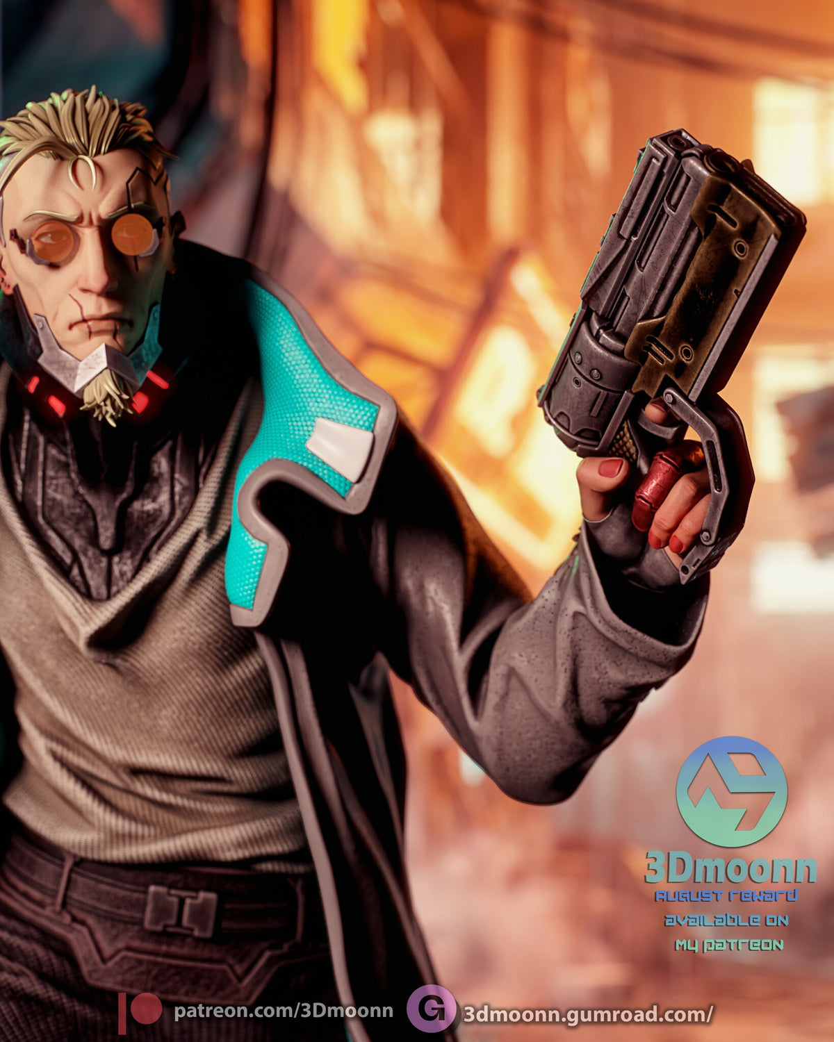 Sculptor's render (kit ships unpainted): close-up of the raised pistol beside his head