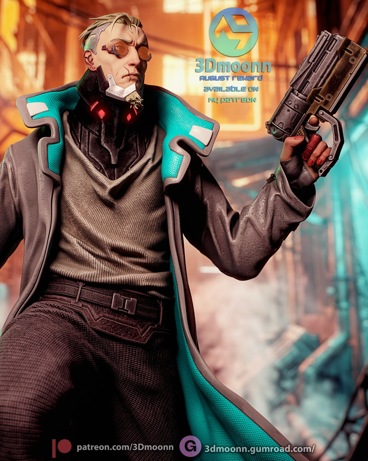 Sculptor's render (kit ships unpainted): low-angle upper body view with the pistol raised and the teal coat lining