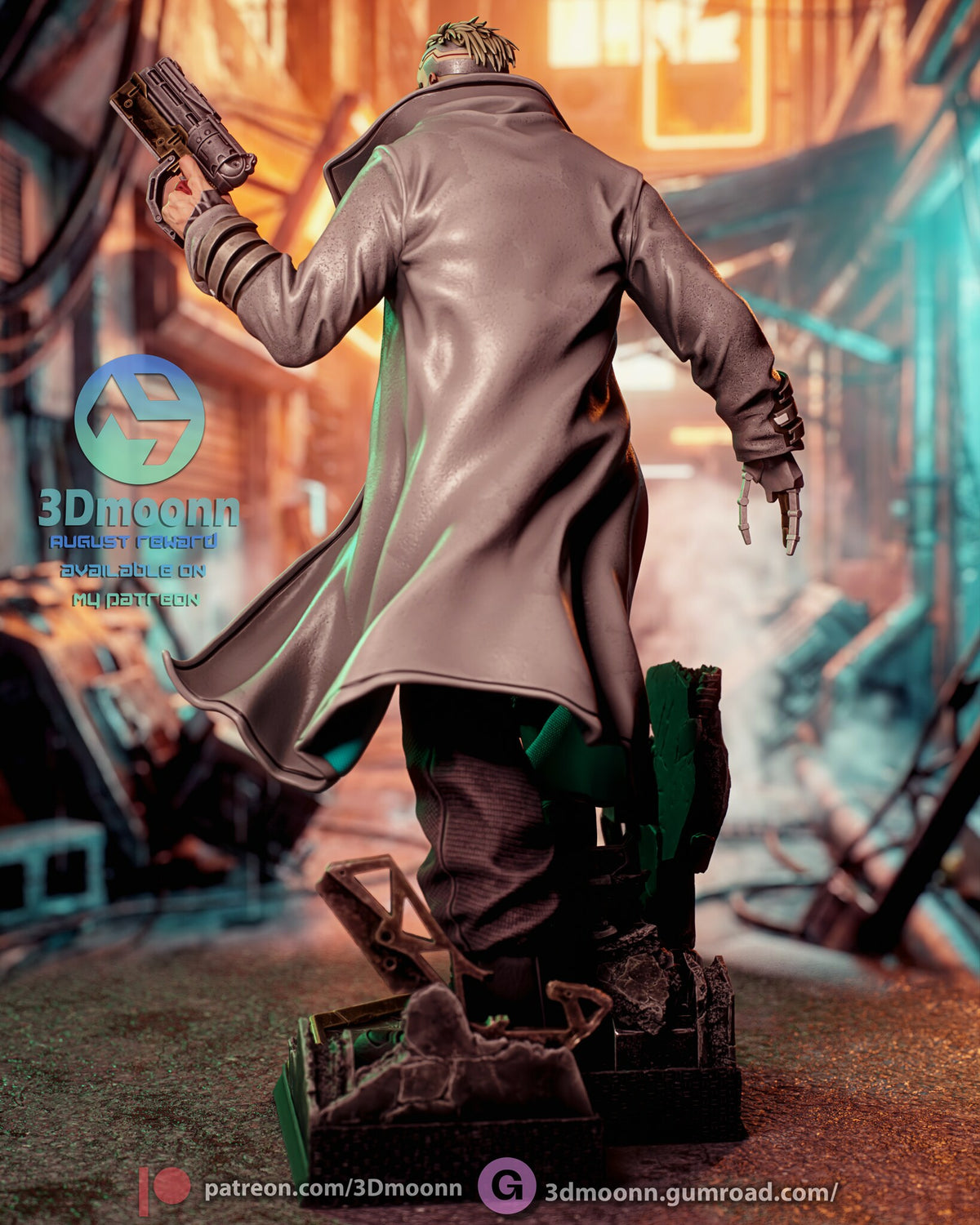 Sculptor's render (kit ships unpainted): rear view showing the back of the long coat and the mechanical hand