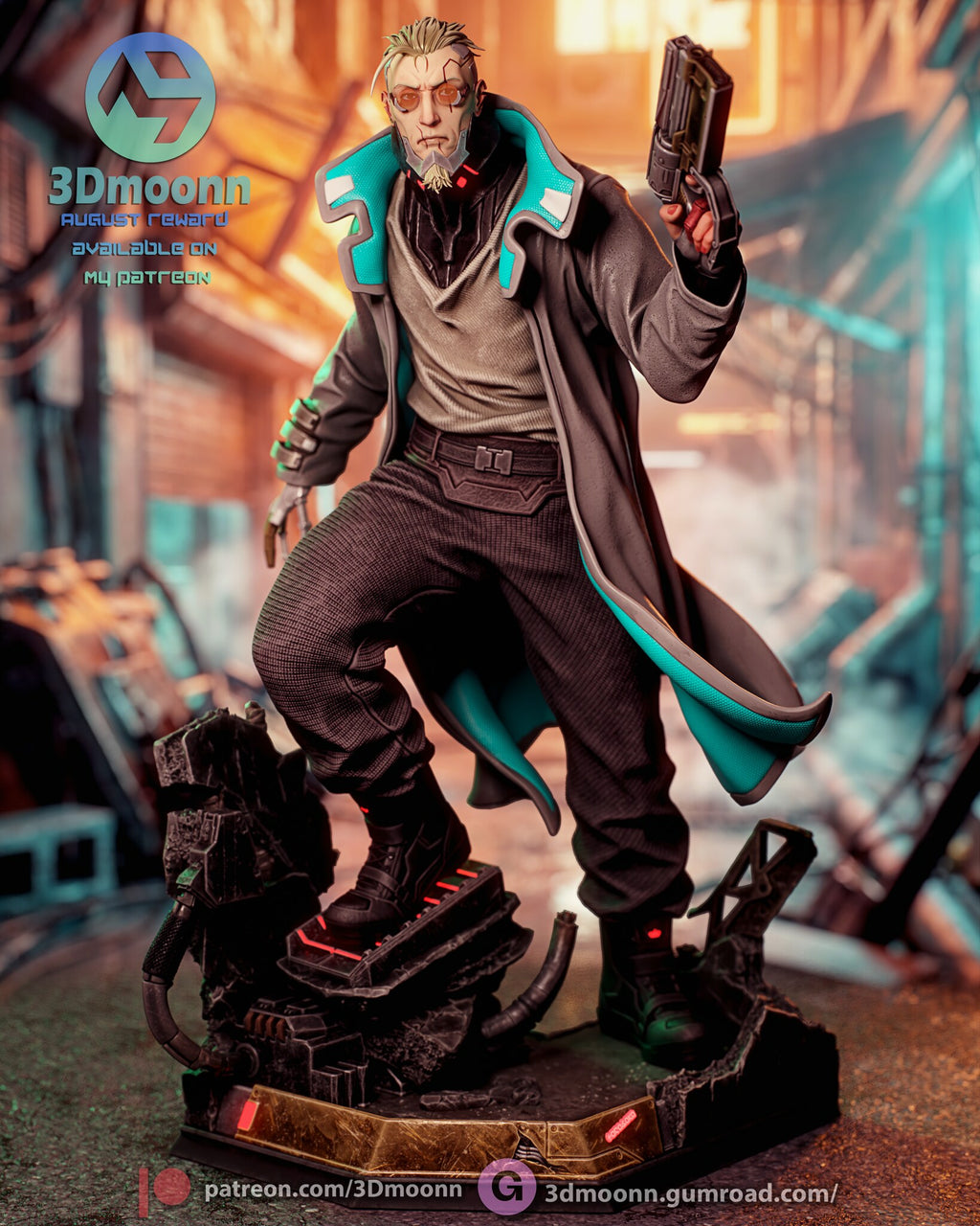 Sculptor's render (kit ships unpainted): full front view on the scrap metal base, pistol raised and coat flaring