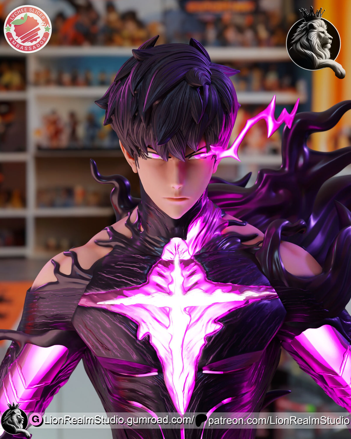 Sculptor's render (kit ships unpainted): close-up of the face with magenta lightning at one eye and the glowing chest sigil