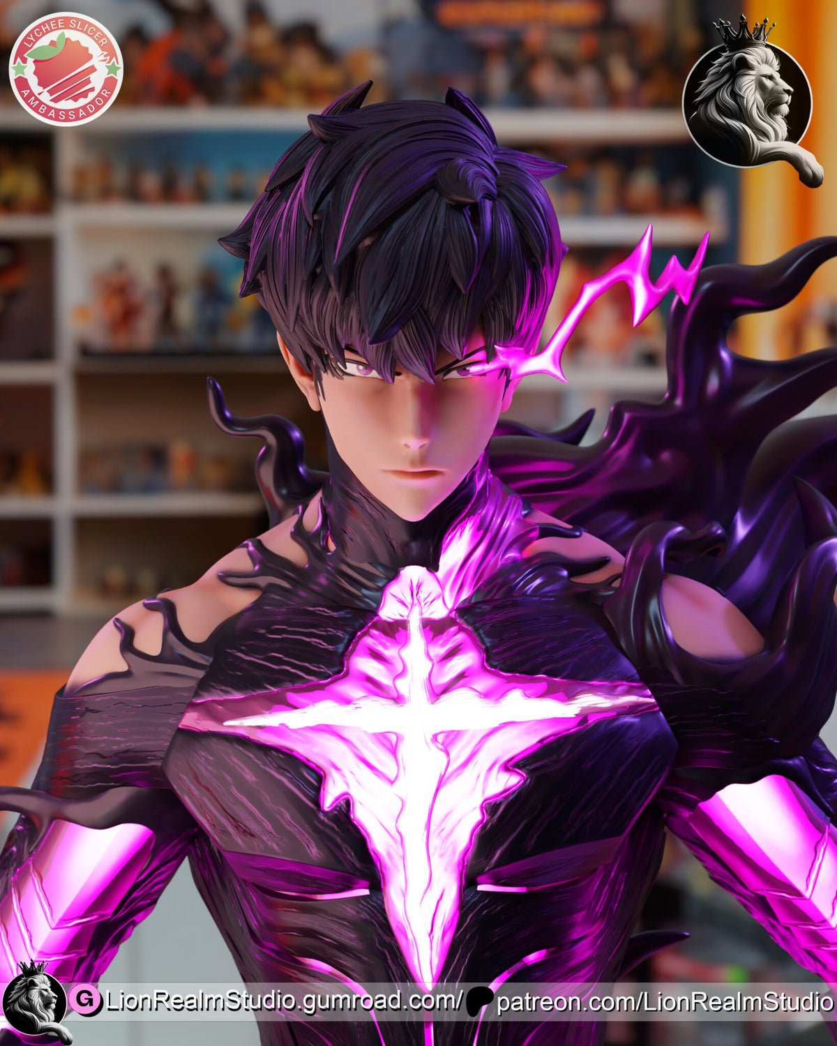 Sculptor's render (kit ships unpainted): straight-on close-up of the face, dark hair and glowing chest sigil