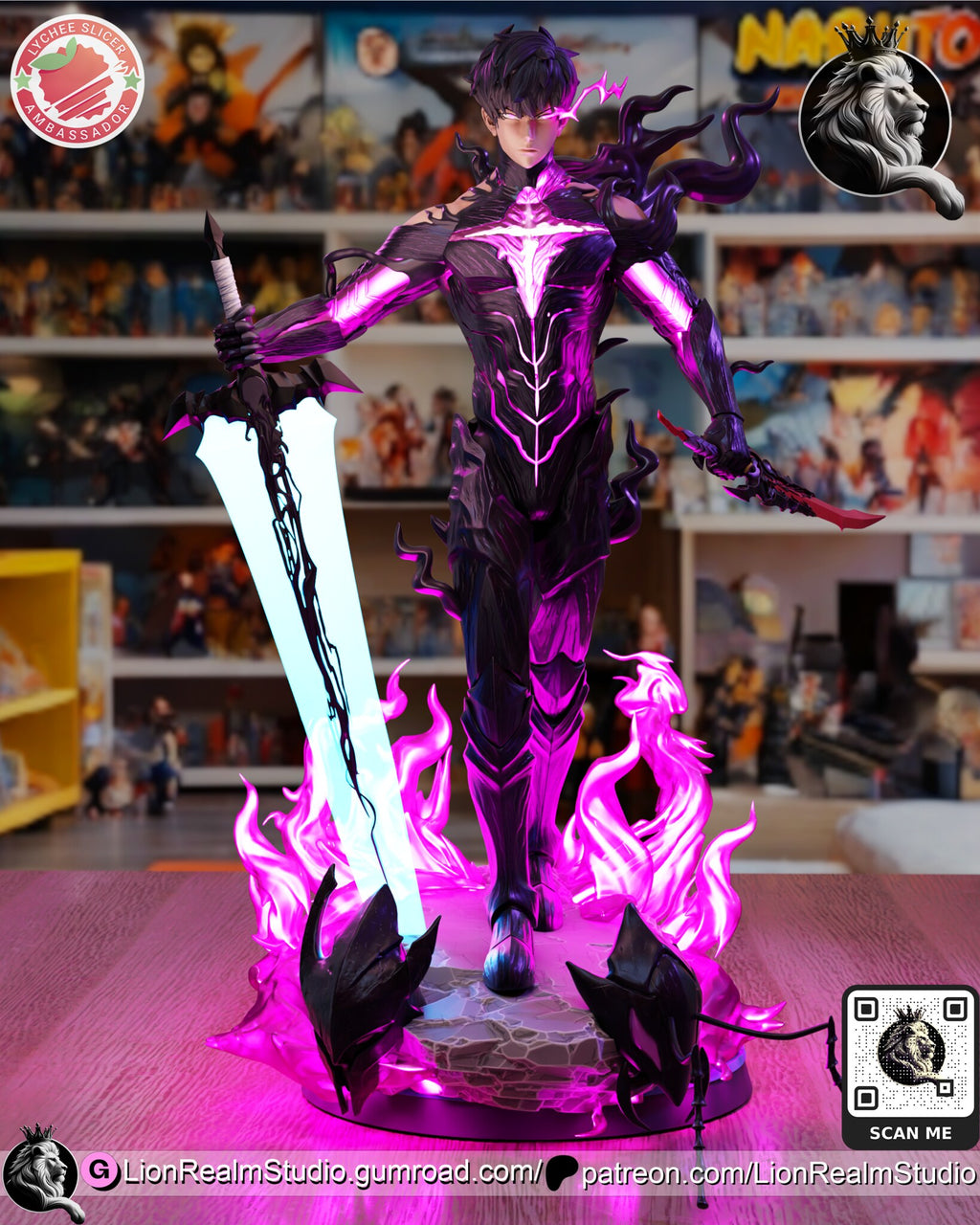 Sculptor's render (kit ships unpainted): front view of the greatsword build, the glowing pale-blue blade planted point-down in the base beside him