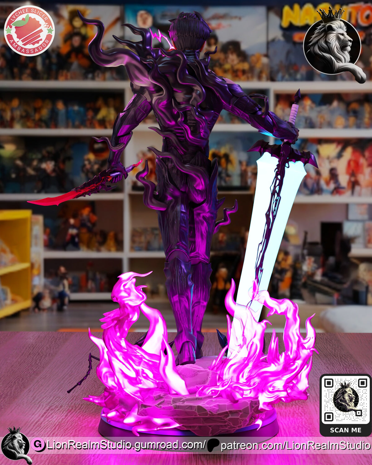 Sculptor's render (kit ships unpainted): rear view of the greatsword build, black tendrils sweeping off the shoulder and down the back
