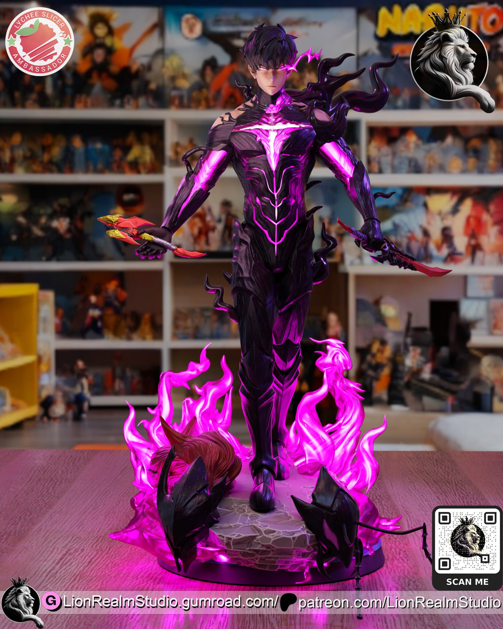 Sculptor's render of the painted design (kit ships unpainted): front view of the twin-dagger build with glowing magenta armor lines, on the stone base with a crested helmet and an antennaed head rising from magenta flames