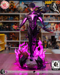 Sculptor's render of the painted design (kit ships unpainted): front view of the twin-dagger build with glowing magenta armor lines, on the stone base with a crested helmet and an antennaed head rising from magenta flames