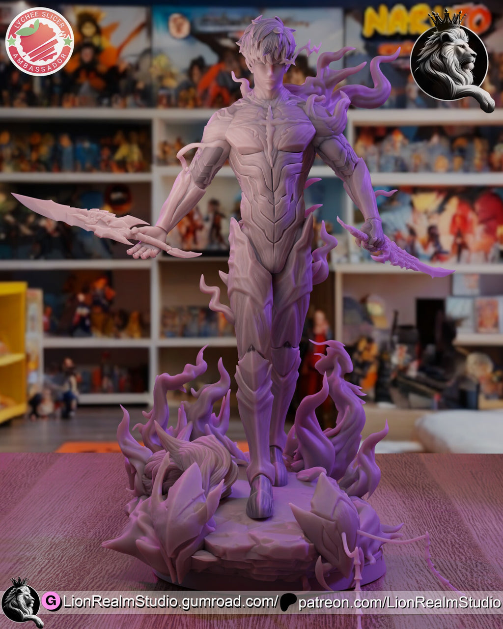 Sculptor's render (kit ships unpainted): unpainted single-color view of the twin-dagger build on its flame base
