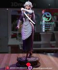 Sculptor's render of the painted design (kit ships unpainted): front full view of the white-haired maid holding a sword across her chest, on the round carved base with the red gem