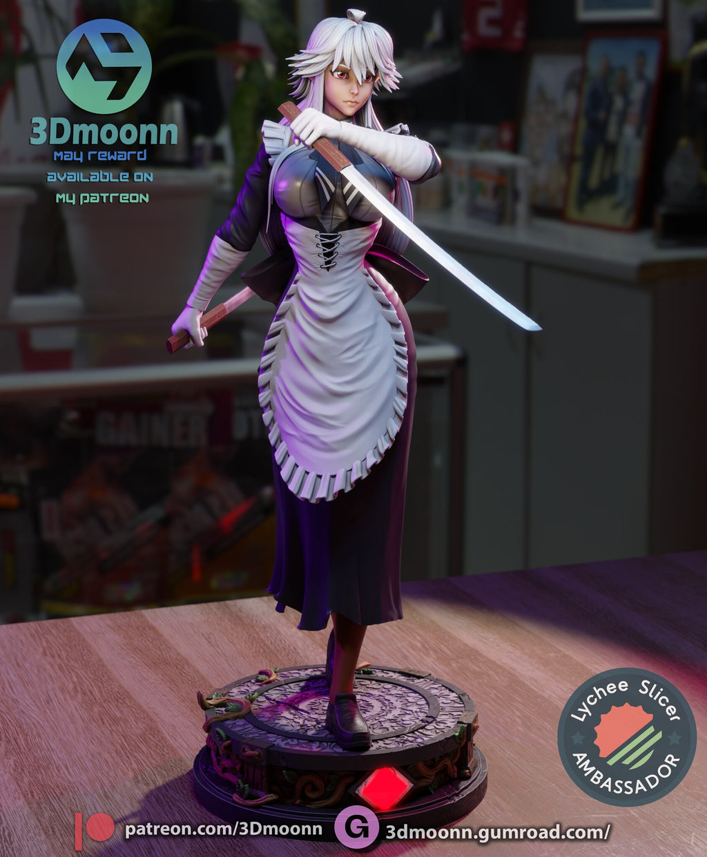 Sculptor's render (kit ships unpainted): three-quarter view with the long blade angled across the apron and out past her hip