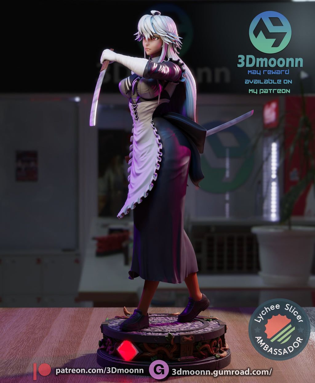 Sculptor's render (kit ships unpainted): side view in profile, one sword held in front and the other trailing behind her hip