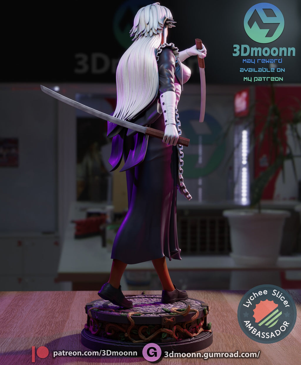 Sculptor's render (kit ships unpainted): rear view with the long white hair, the bow tails and the trailing sword