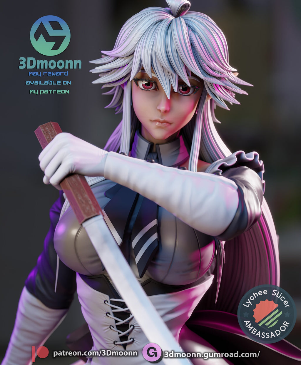 Sculptor's render (kit ships unpainted): close-up of the face, collar and striped tie, with the gloved hand on the wooden sword grip