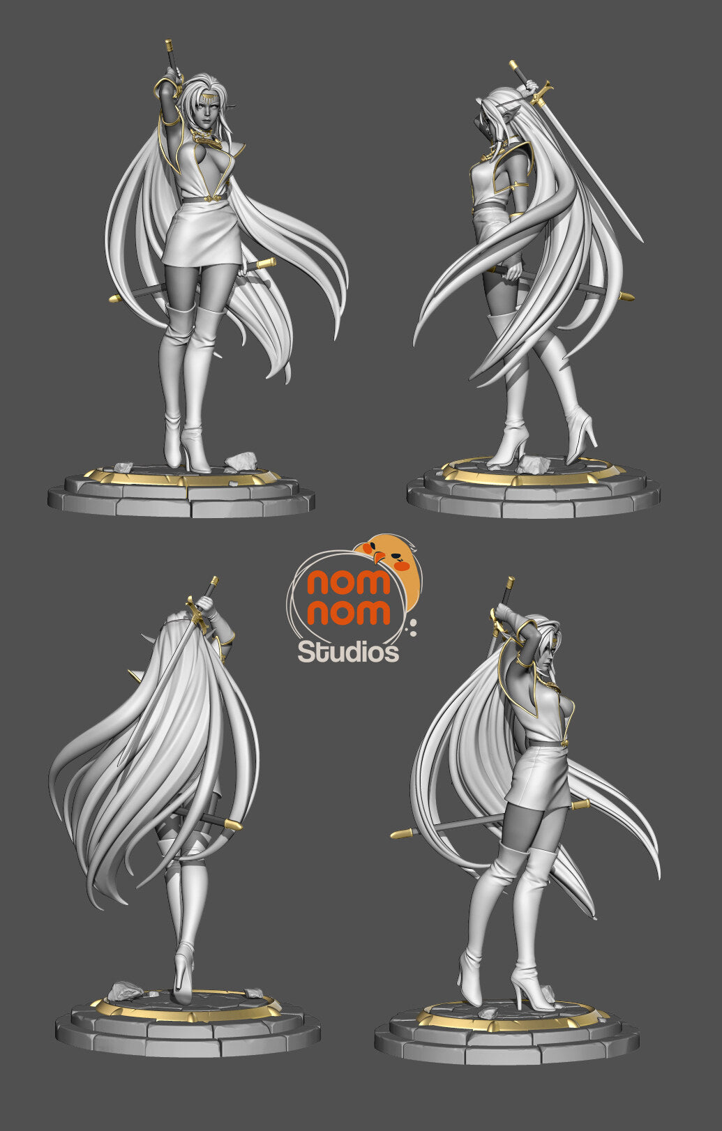 Studio's turnaround sheet of the design, shown in gray with gold trim (kit ships unpainted): four views of the swordswoman with one sword raised overhead. The miniature is the same sculpt at 85 mm tall.