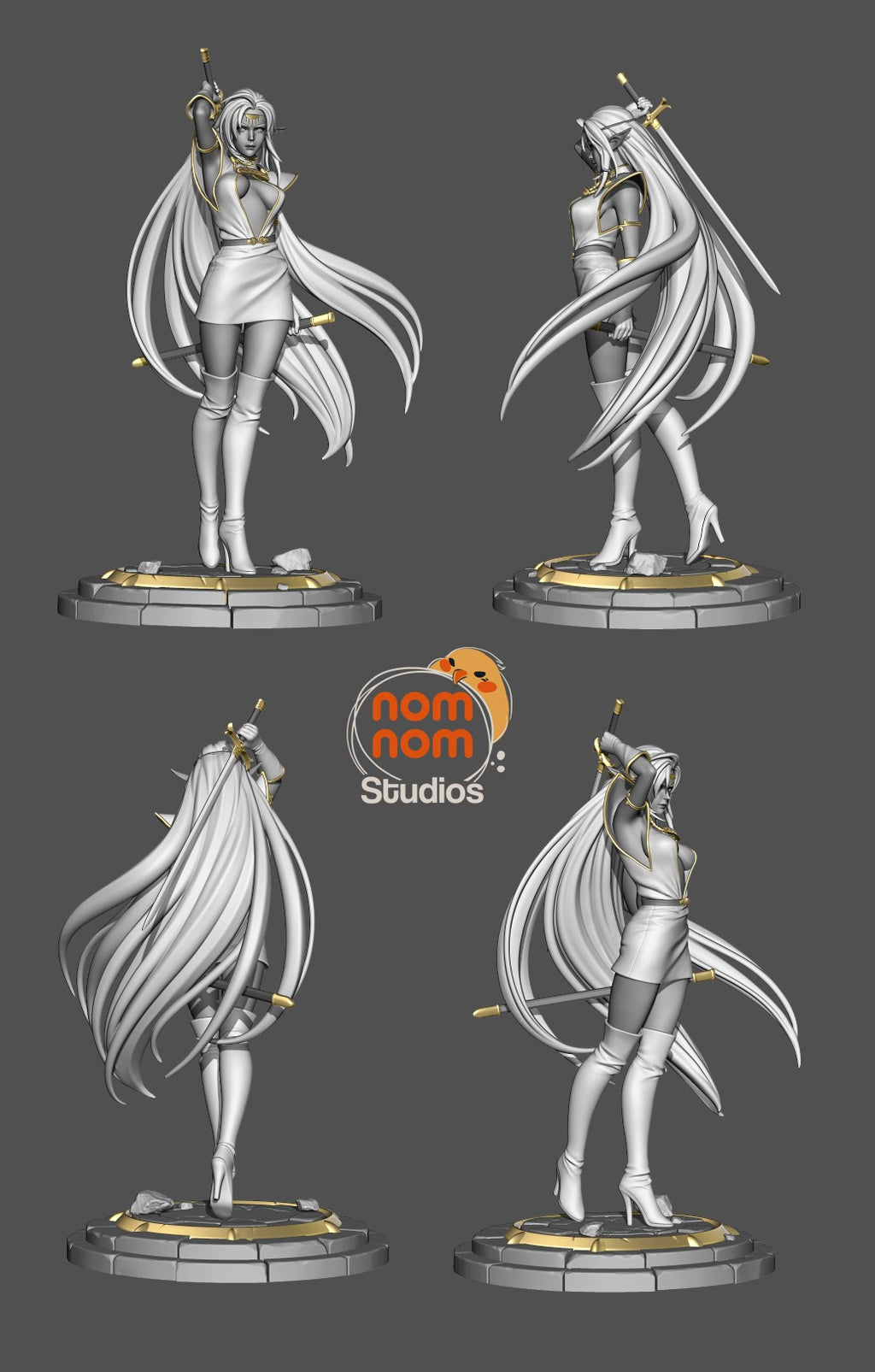 Studio's turnaround sheet, shown in gray (kit ships unpainted): four views of the dark elf swordswoman with one sword raised and long hair sweeping out, on the round stone plinth