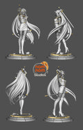 Studio's turnaround sheet, shown in gray (kit ships unpainted): four views of the dark elf swordswoman with one sword raised and long hair sweeping out, on the round stone plinth