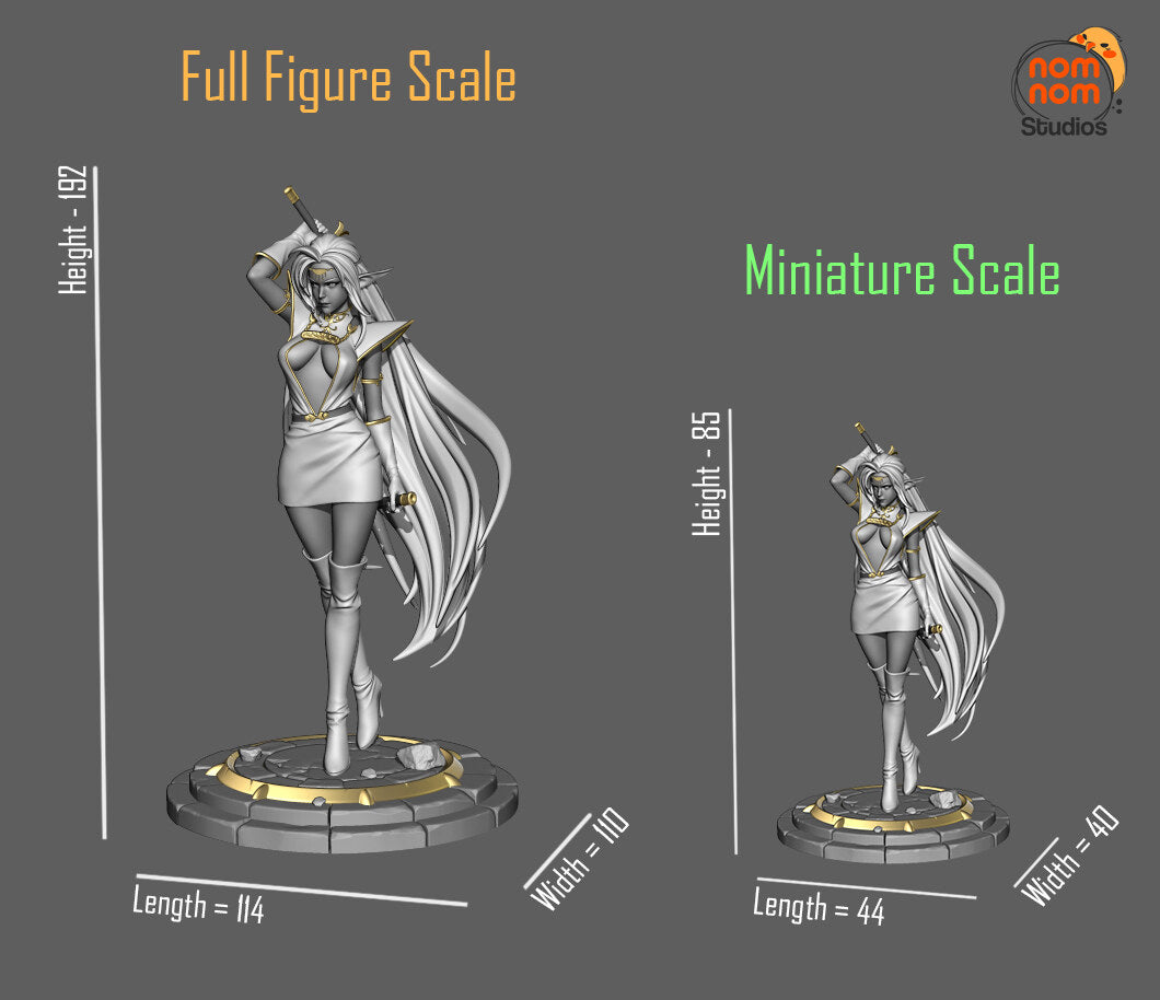 Studio scale sheet (kit ships unpainted): the full figure and the miniature side by side in gray, with the studio's sizes: full figure 192 mm tall, miniature 85 mm tall