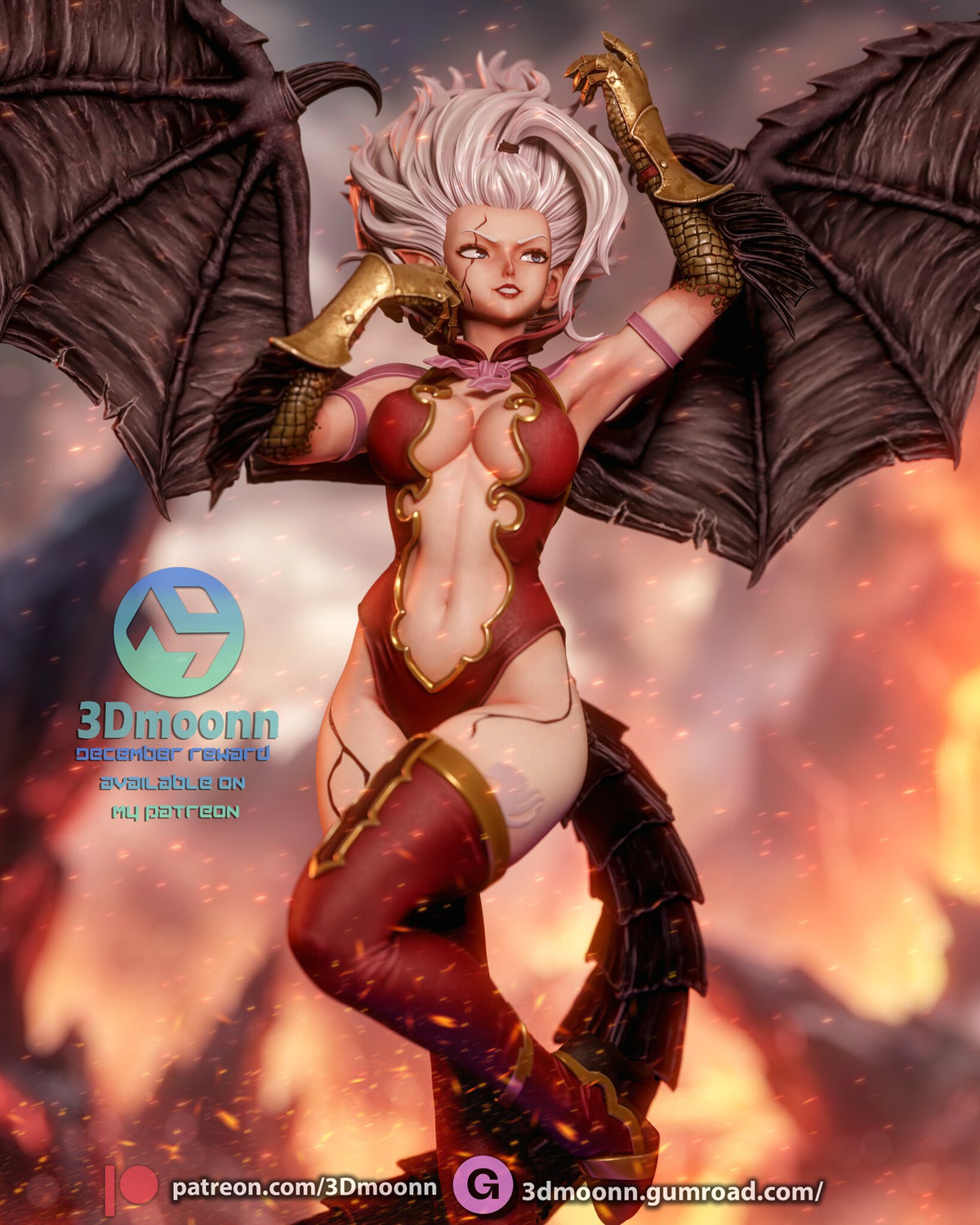 Sculptor's render (kit ships unpainted): close front view of the leotard with gold trim, the gold clawed gauntlets and the spread wings