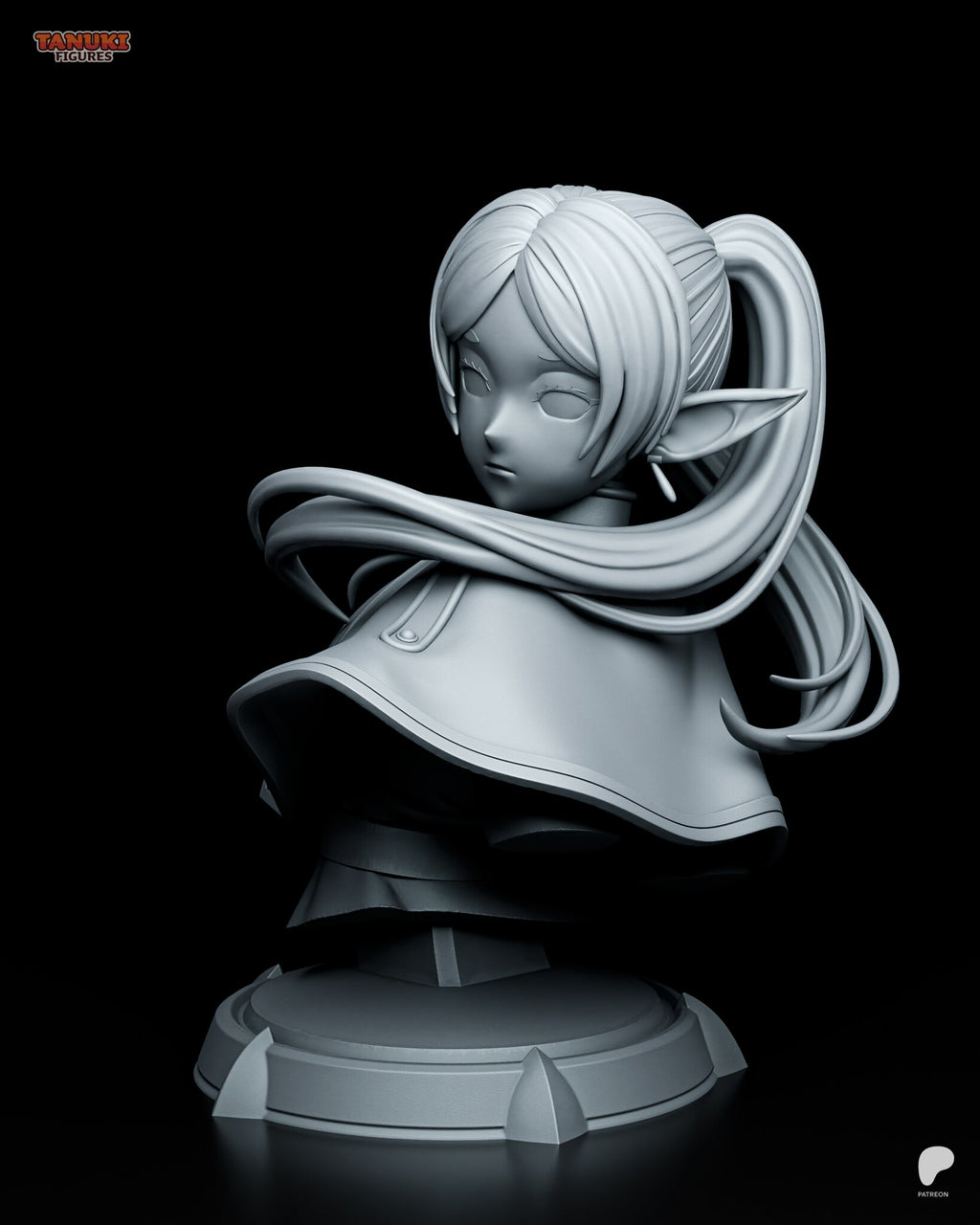 Sculptor's render of the painted design (kit ships unpainted): the elf mage bust with her face turned toward the camera, one twin tail sweeping across the front of her capelet, on the finned round pedestal