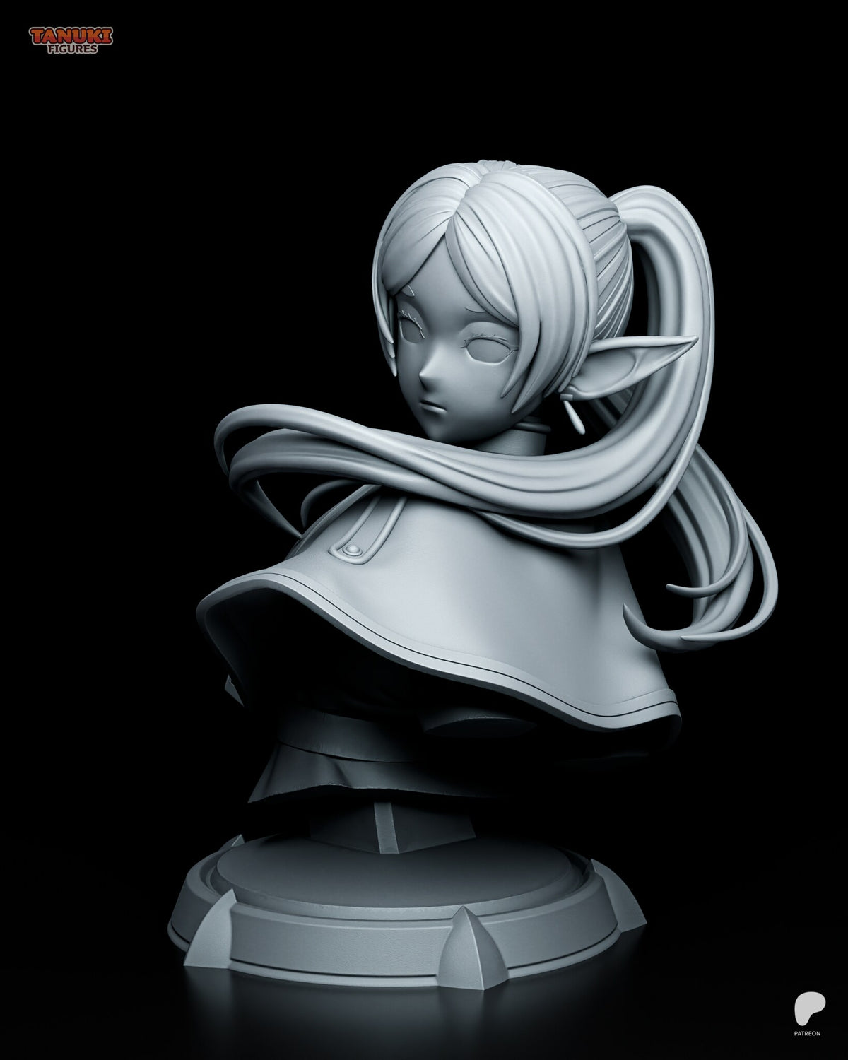 Sculptor's render of the painted design (kit ships unpainted): the elf mage bust with her face turned toward the camera, one twin tail sweeping across the front of her capelet, on the finned round pedestal