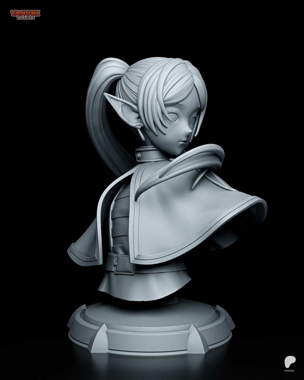 Sculptor's render (kit ships unpainted): three-quarter front view of the capelet, banded top, belt and skirt, with a pointed ear and drop earring