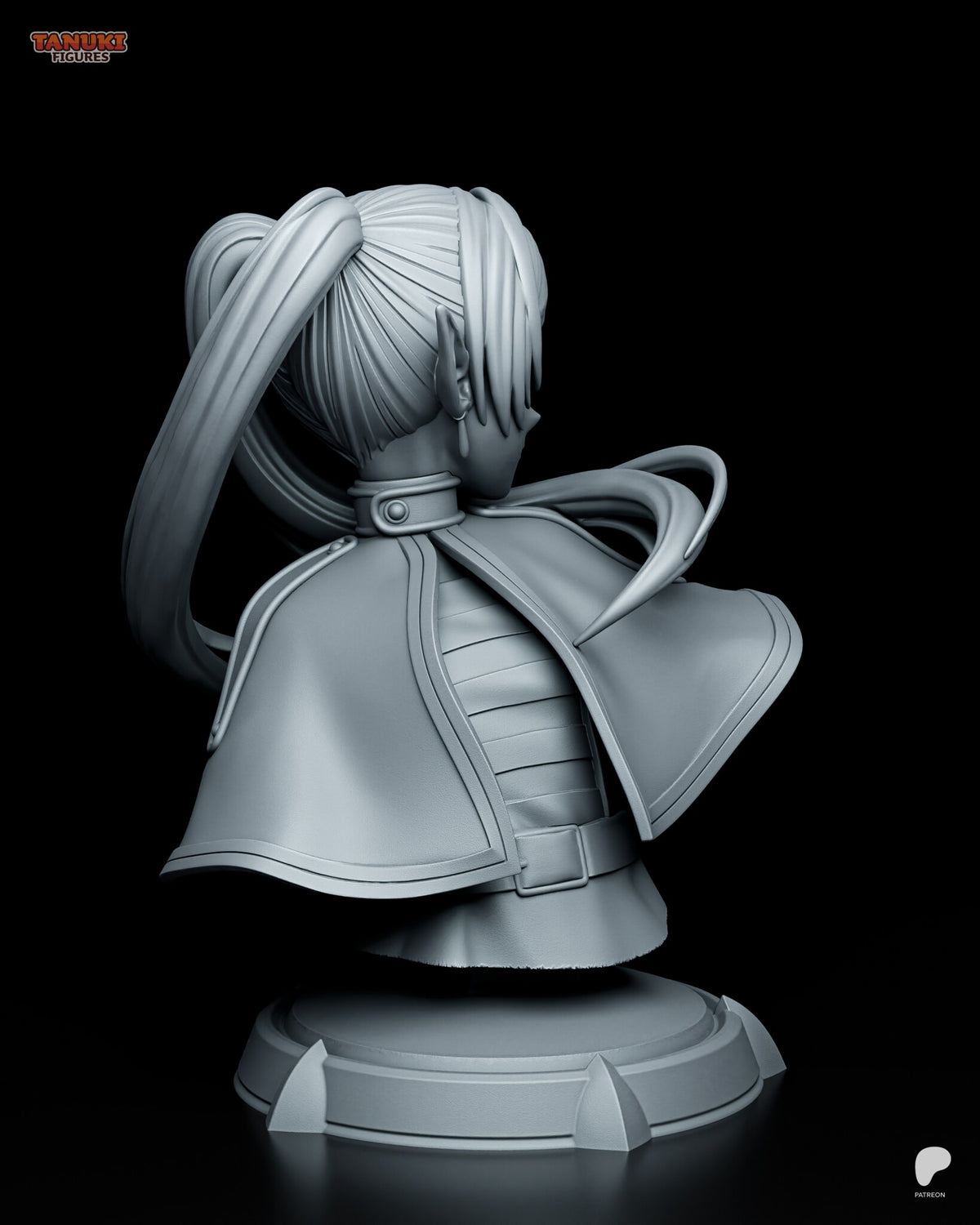Sculptor's render (kit ships unpainted): view from behind her head over the open capelet, both twin tails swinging out
