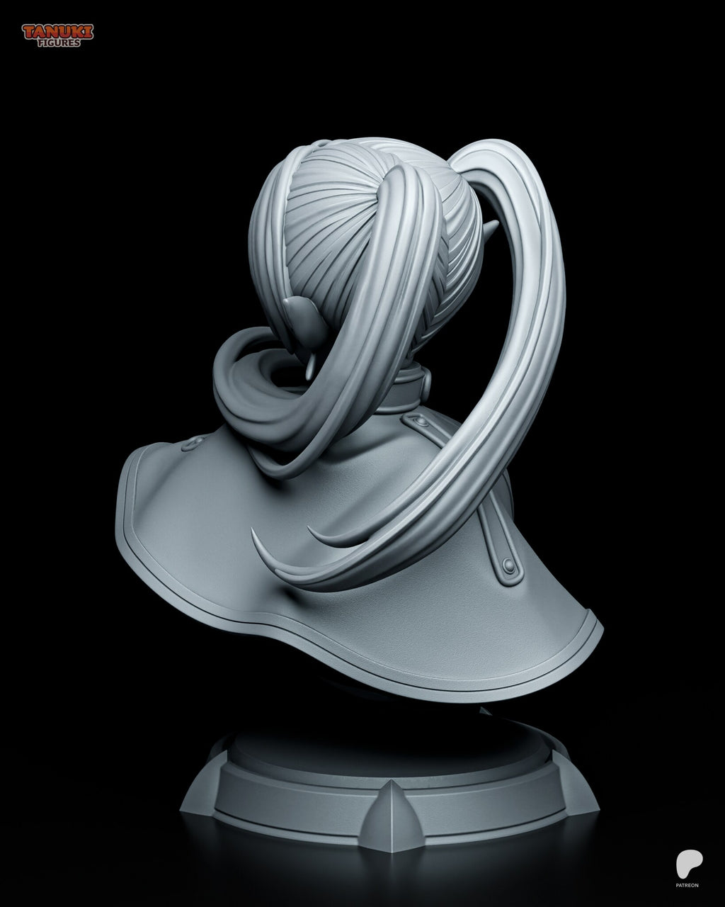 Sculptor's render (kit ships unpainted): back view of the hair and twin tails looping over the back of the capelet