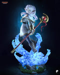 Sculptor's render of the painted design (kit ships unpainted): front three-quarter view of the white-haired elf mage looking over her shoulder, the red staff across her body, above a glowing blue petal cloud on a rocky base