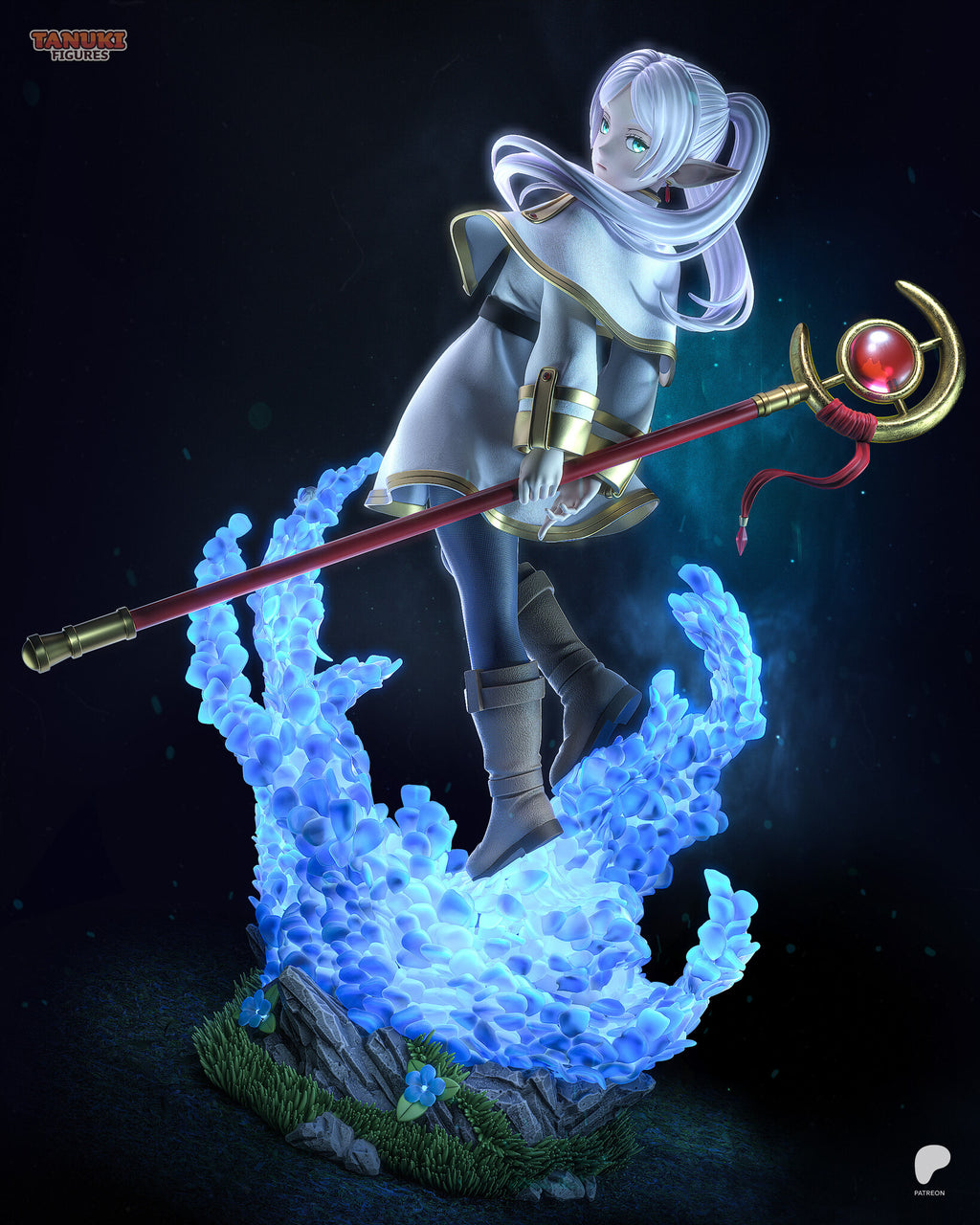 Sculptor's render (kit ships unpainted): front three-quarter view from her right, the staff's crescent head at one side and one boot raised behind her
