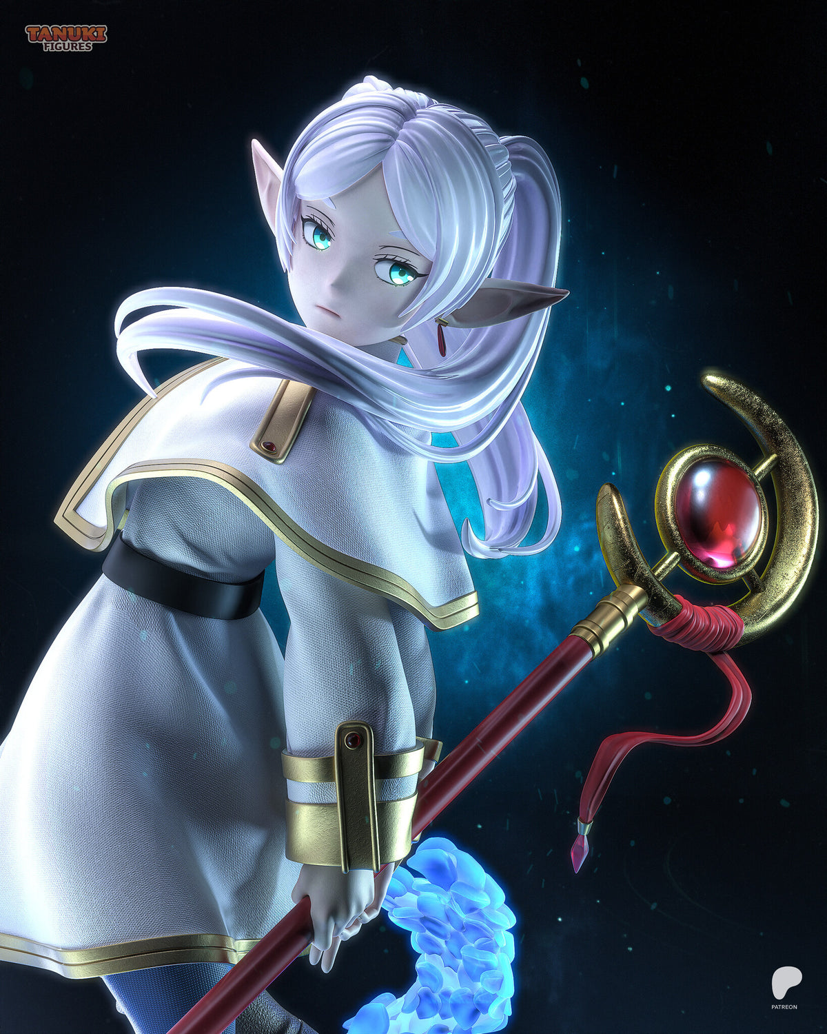 Sculptor's render (kit ships unpainted): close-up of the face, pointed ear and red earring, with the gold crescent staff head and red orb