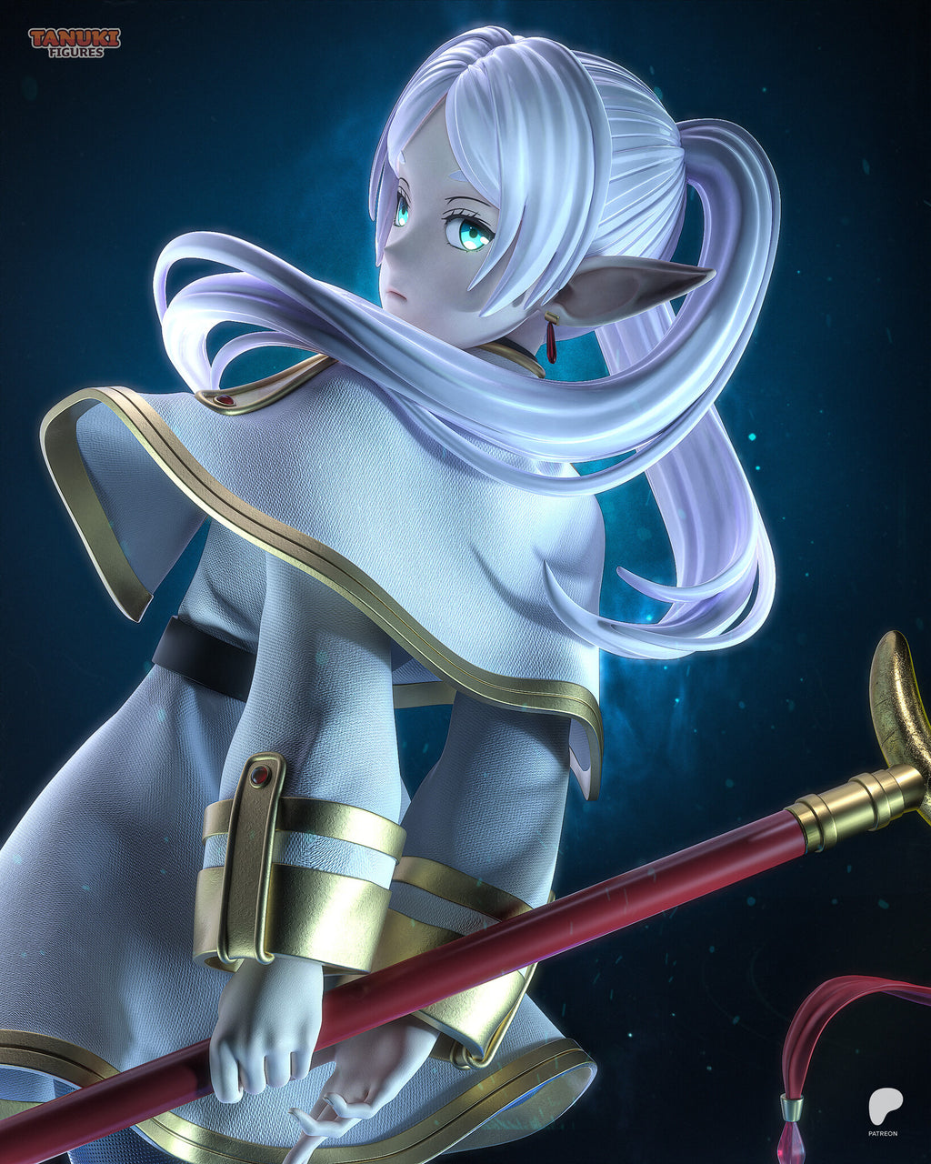 Sculptor's render (kit ships unpainted): low-angle close-up of her looking back over her shoulder, white hair sweeping across, hands on the staff