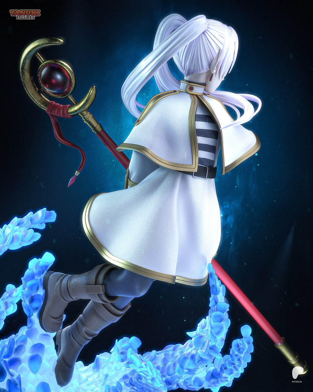 Sculptor's render (kit ships unpainted): rear close-up from the hair tails down to the boots, with the crescent staff head and the blue petals below
