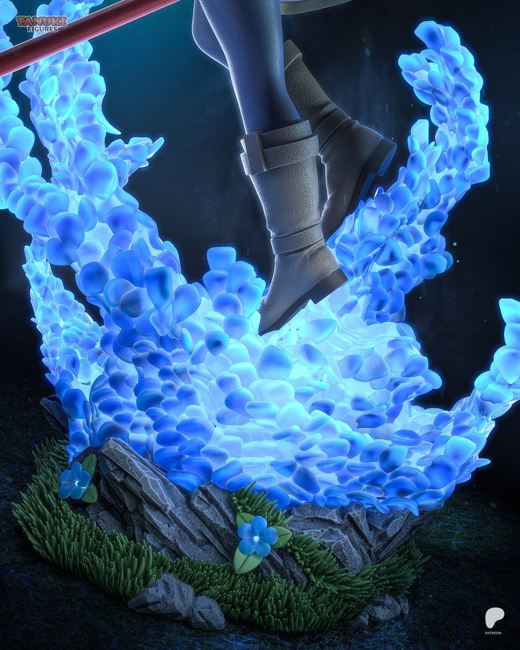Sculptor's render (kit ships unpainted): close-up of the base: the boots over the blue petal cloud, gray rock, grass and small blue flowers