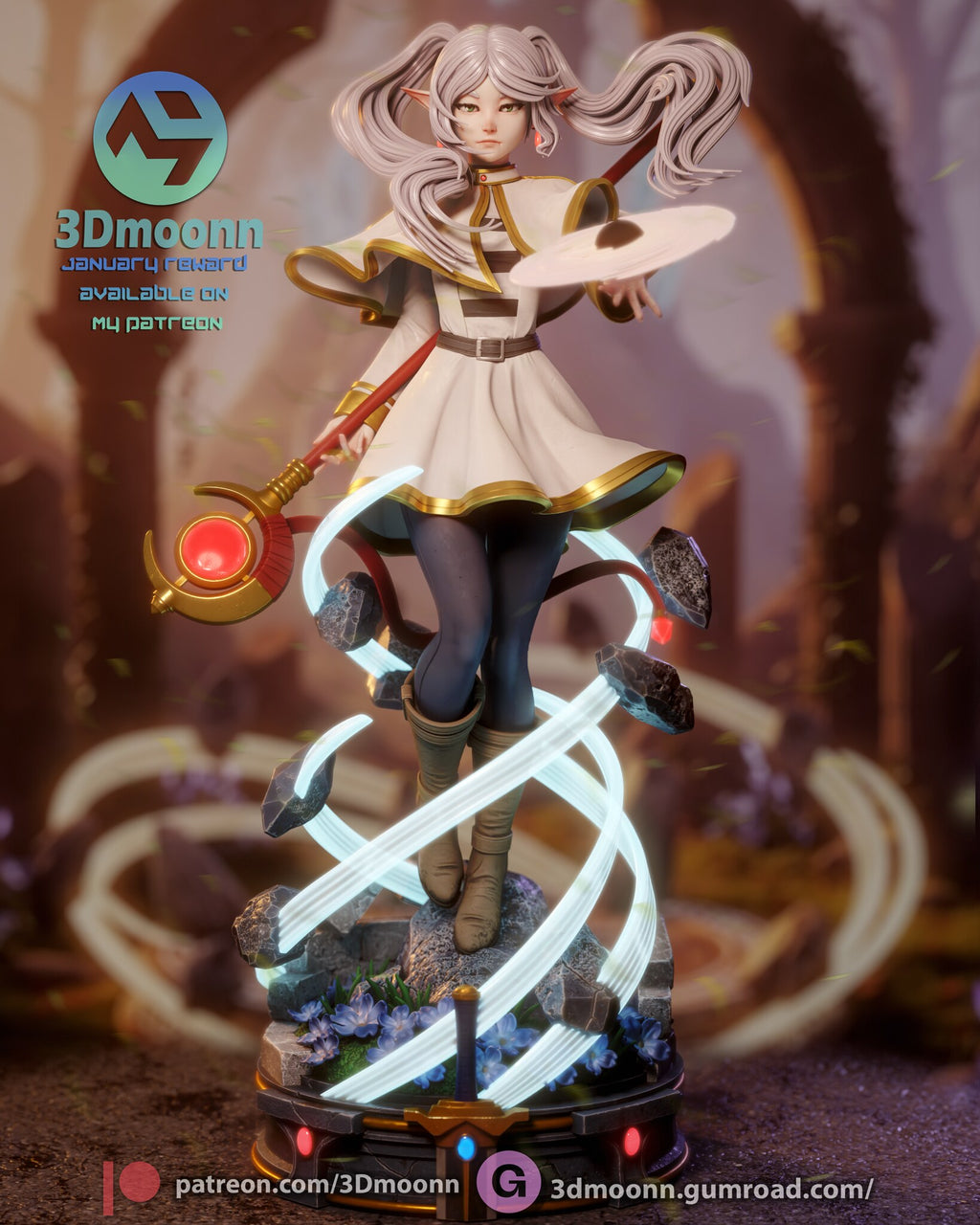 Sculptor's render of the painted design (kit ships unpainted): front three-quarter view of the elf mage mid-spell inside glowing wind spirals on a round stone base