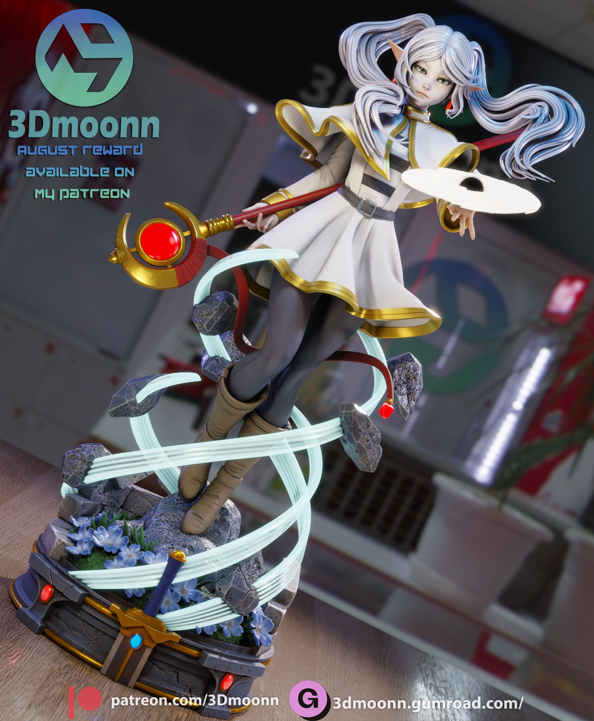 Sculptor's render (kit ships unpainted): tilted view of the pedestal with its gems and sword, in cooler studio lighting