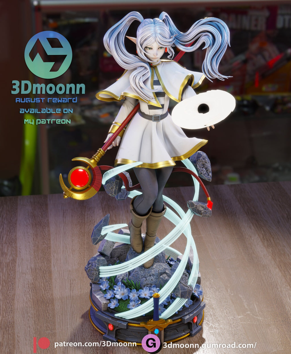 Sculptor's render (kit ships unpainted): high front view showing the top of the floating disc and the flowers on the base