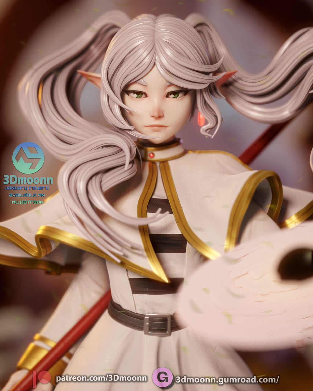 Sculptor's render (kit ships unpainted): head-and-shoulders close-up with green eyes and a red earring
