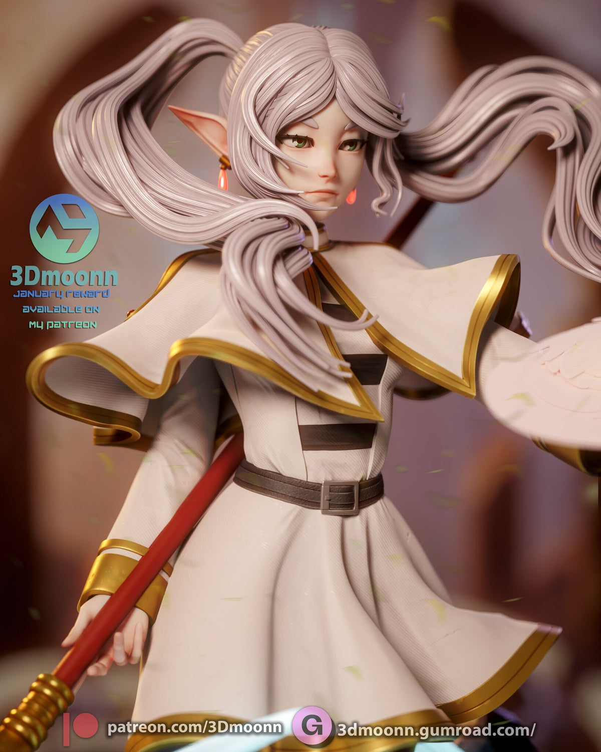 Sculptor's render (kit ships unpainted): side close-up of the head, capelet and staff hand
