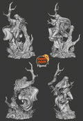 Sculptor's render of the painted design (kit ships unpainted): the studio's turnaround sheet in unpainted gray, four views of the elf swordswoman on the rock shelf with the bird on her raised hand and the dead tree, front, sides and back