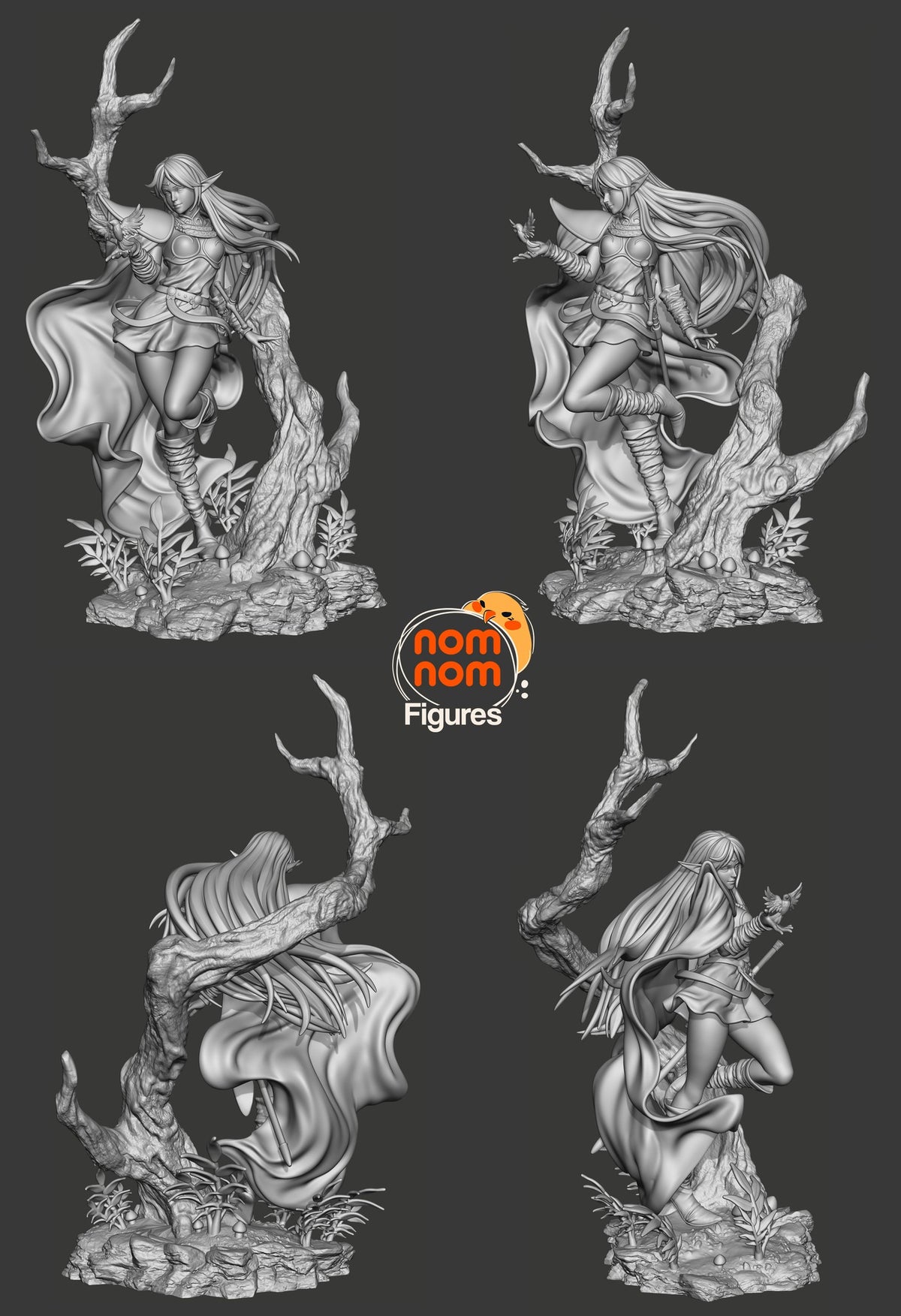 Sculptor's render of the painted design (kit ships unpainted): the studio's turnaround sheet in unpainted gray, four views of the elf swordswoman on the rock shelf with the bird on her raised hand and the dead tree, front, sides and back