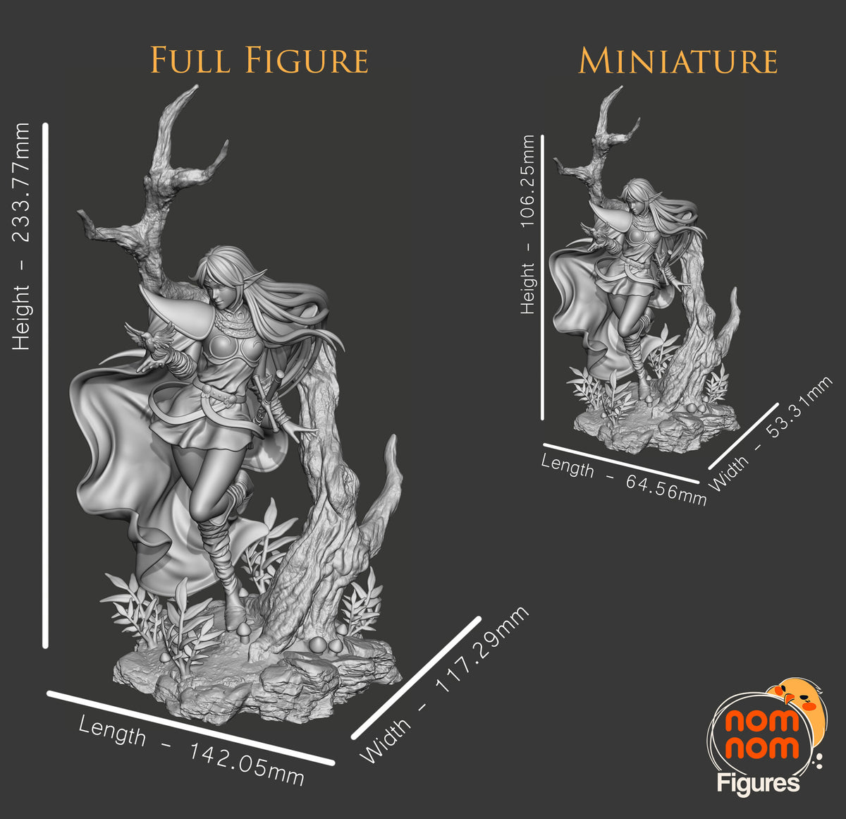 Studio scale and parts sheet (kit ships unpainted): the full figure with the studio's size of 233.77 mm tall, 117.29 mm wide and 142.05 mm long, beside the miniature