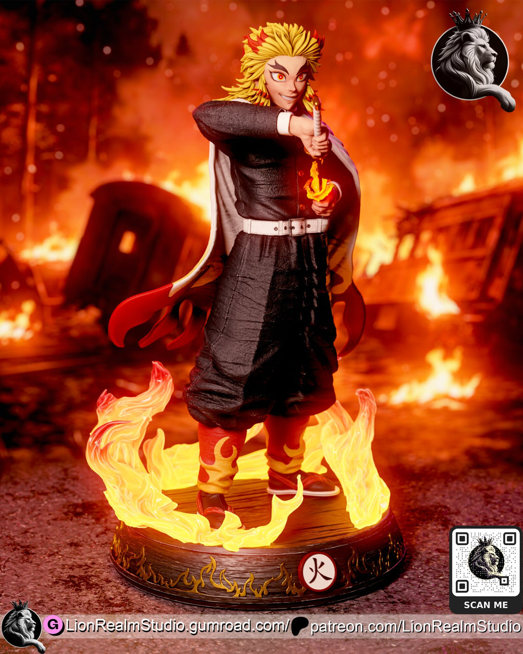 Sculptor's render (kit ships unpainted): three-quarter view from his left, the red flame-shaped cape tails flaring over the fire ring