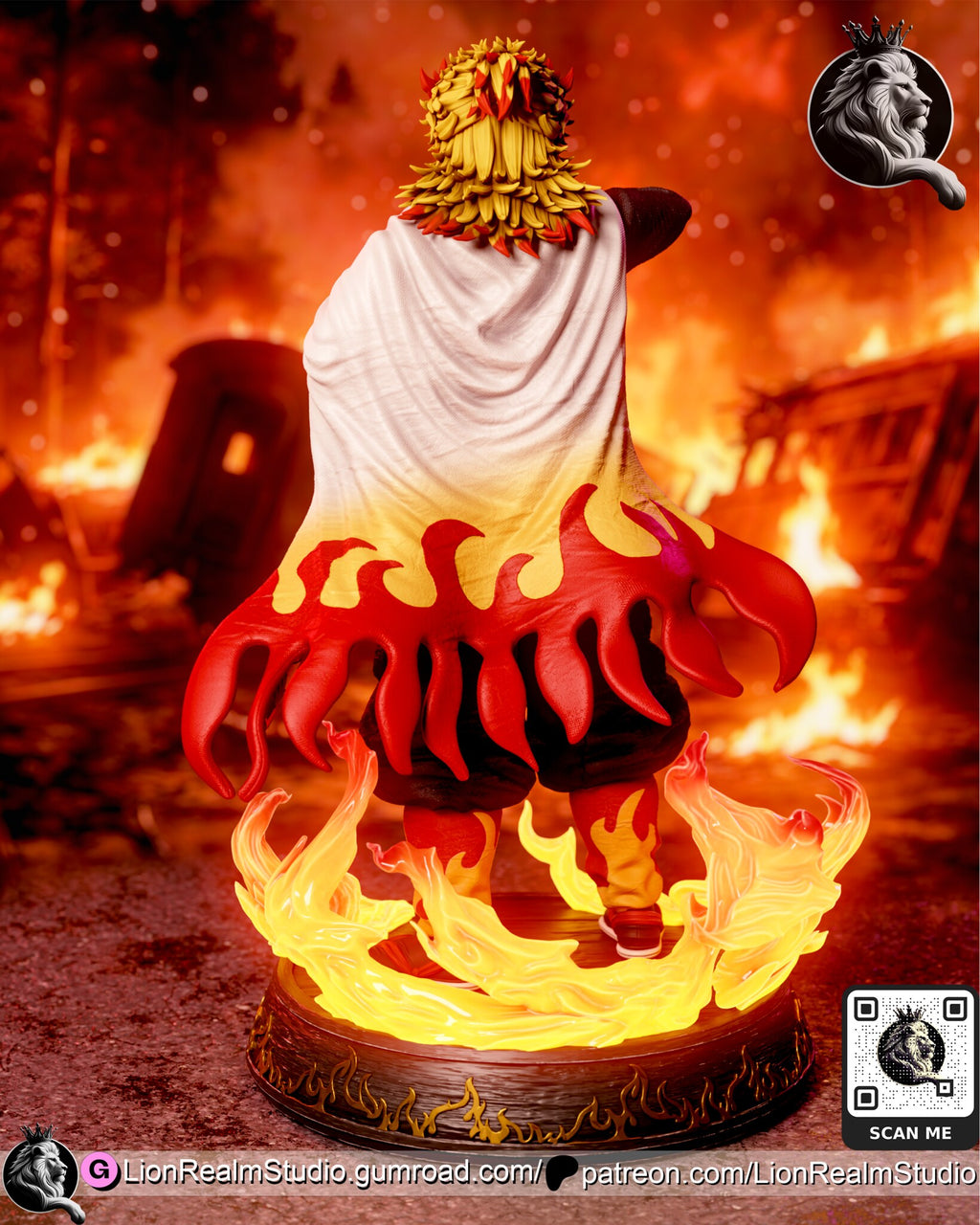 Sculptor's render (kit ships unpainted): back view of the white cape grading to a red flame-shaped hem, over the ring of fire