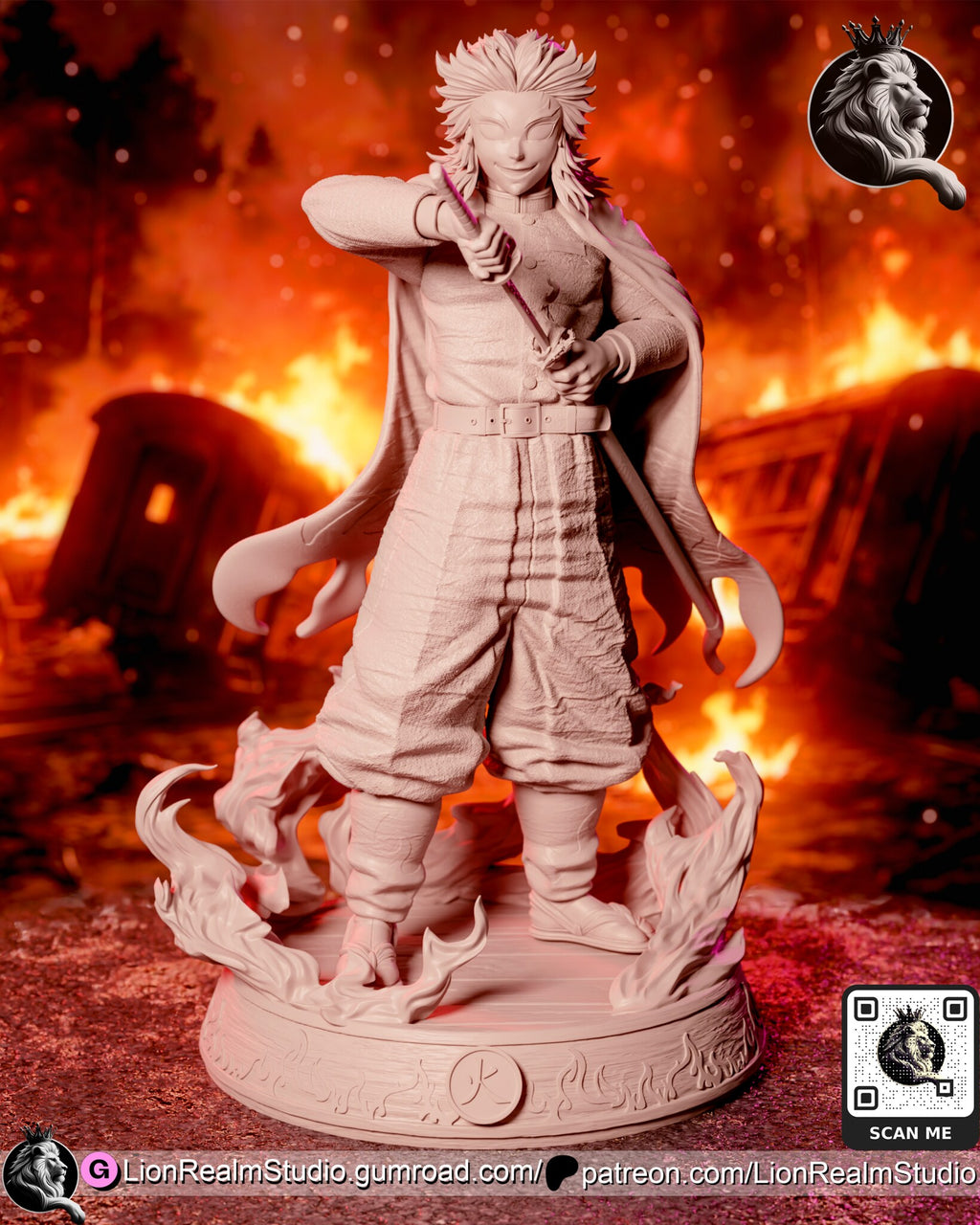 Sculptor's render (kit ships unpainted): unpainted gray view of the full figure, showing the cloth texture, the hair spikes and the relief on the base wall