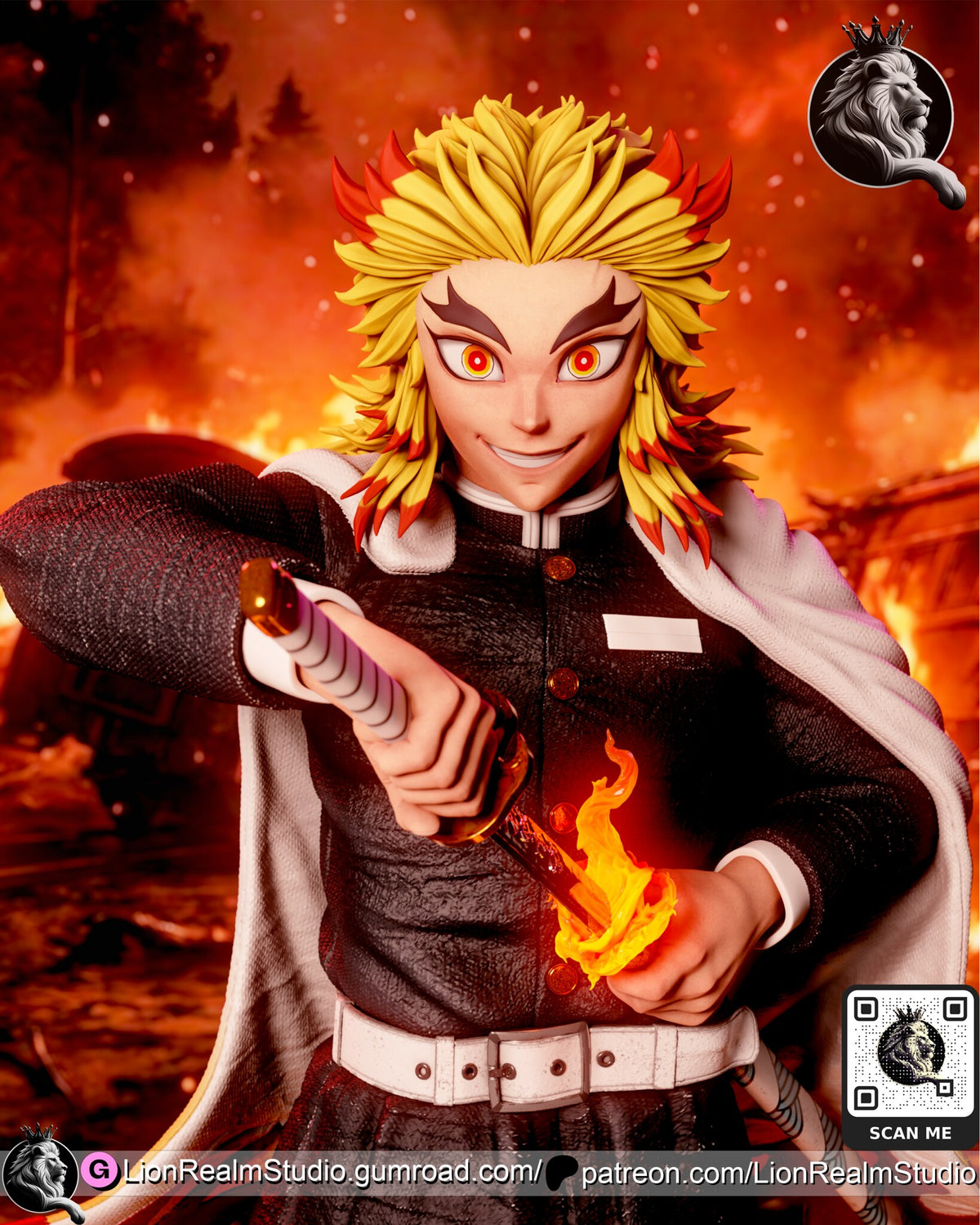 Sculptor's render (kit ships unpainted): close-up of the grinning face and spiked yellow-and-red hair, with the sword hilt held across his chest